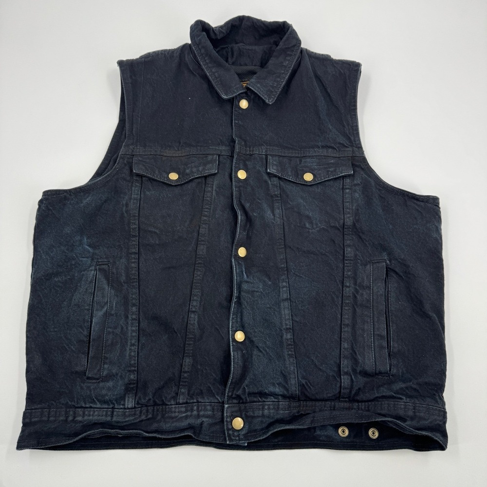 Milwaukee Leather Denim Biker Vest Mens Large Black Snap Front Mesh Lining Moto